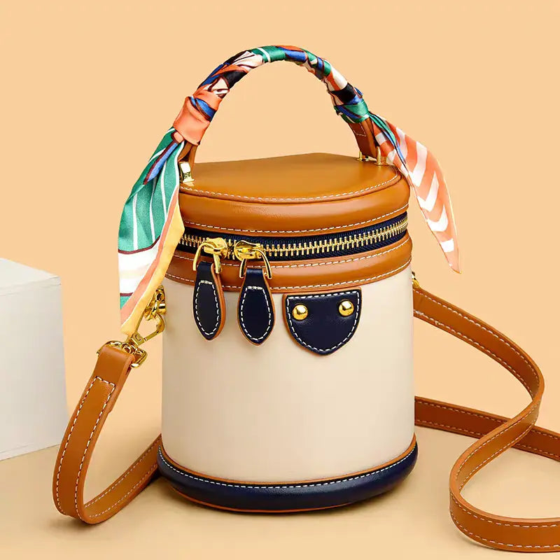 Colorblocked cylindrical bag 2025 new niche design retro handbag messenger bag FairWonder