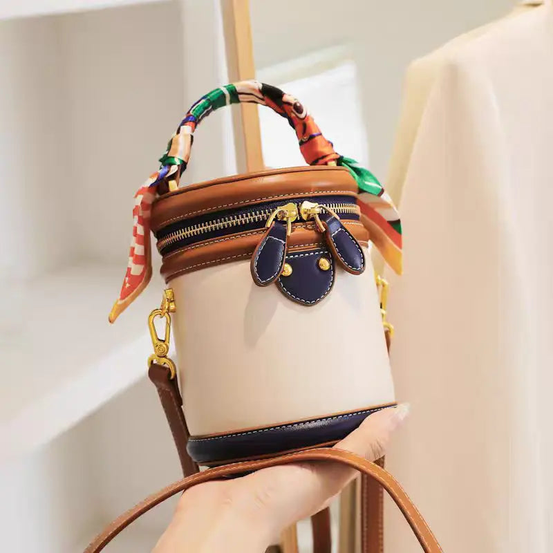 Colorblocked cylindrical bag 2025 new niche design retro handbag messenger bag FairWonder