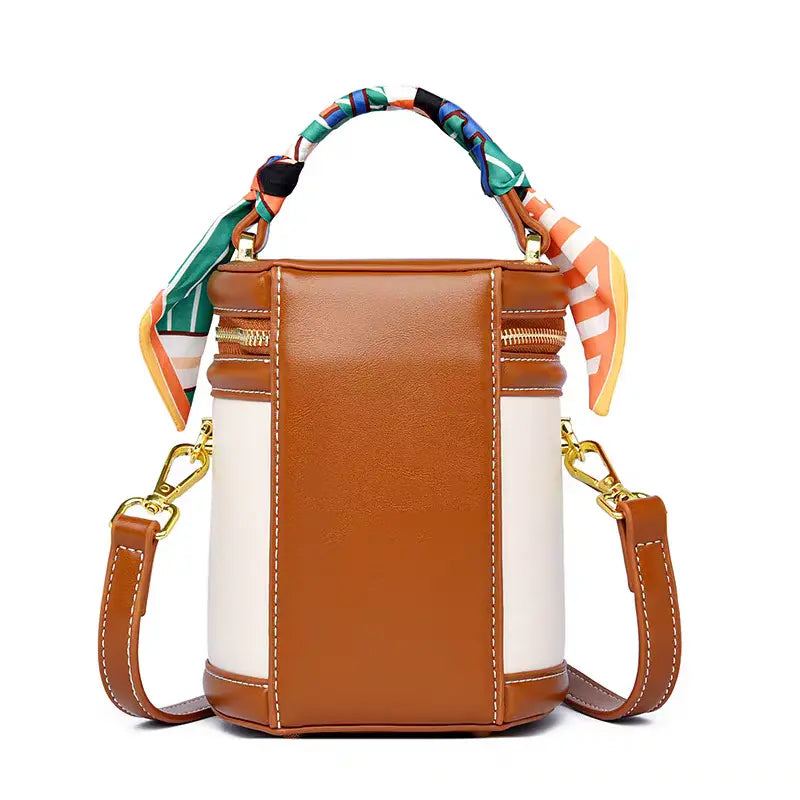 Colorblocked cylindrical bag 2025 new niche design retro handbag messenger bag FairWonder