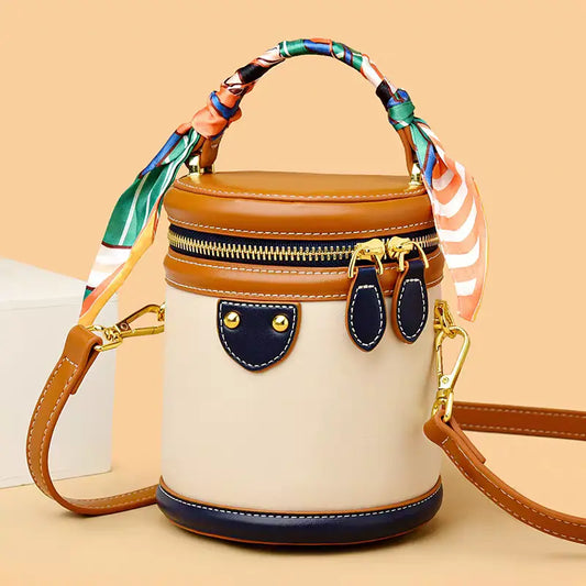 Colorblocked cylindrical bag 2025 new niche design retro handbag messenger bag FairWonder